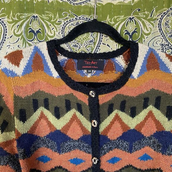 NWOT Rare Tey Art Alpaca Wool Blend Multicolored Knit Cardigan Size Medium - Picture 2 of 15